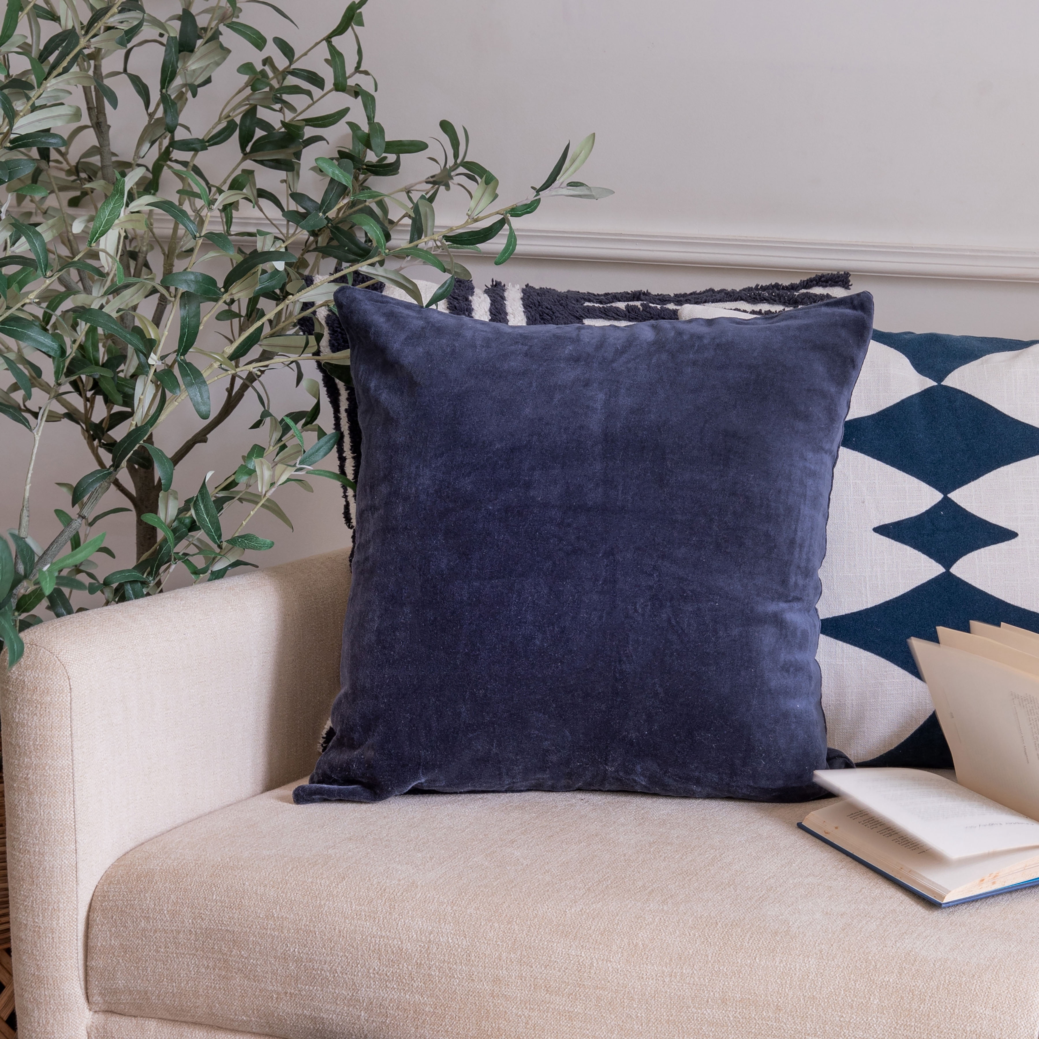 Ox Bay and Stacy Garcia 20" x 20" Denim Blue Velvet Reversible Cotton Adult Decorative Throw Pillow Cover