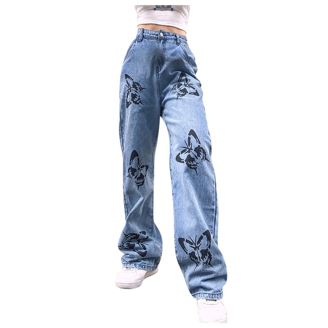 Ketyyh-chn99 Plus Size Jeans Women High Rise Straight Jeans y2k Bootcut Mid-Rise Stretch Jeans Bule,L