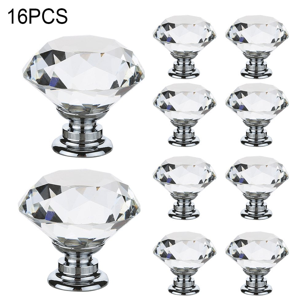WALFRONT 16Pcs Crystal Glass Cabinet Knobs 40mm Diamond ...