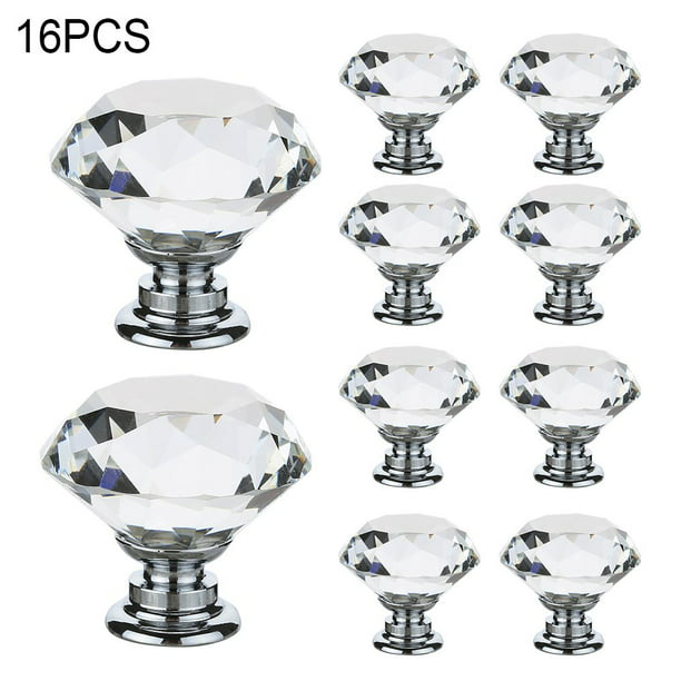 Walfront 16pcs Crystal Glass Cabinet Knobs 40mm Diamond Shape