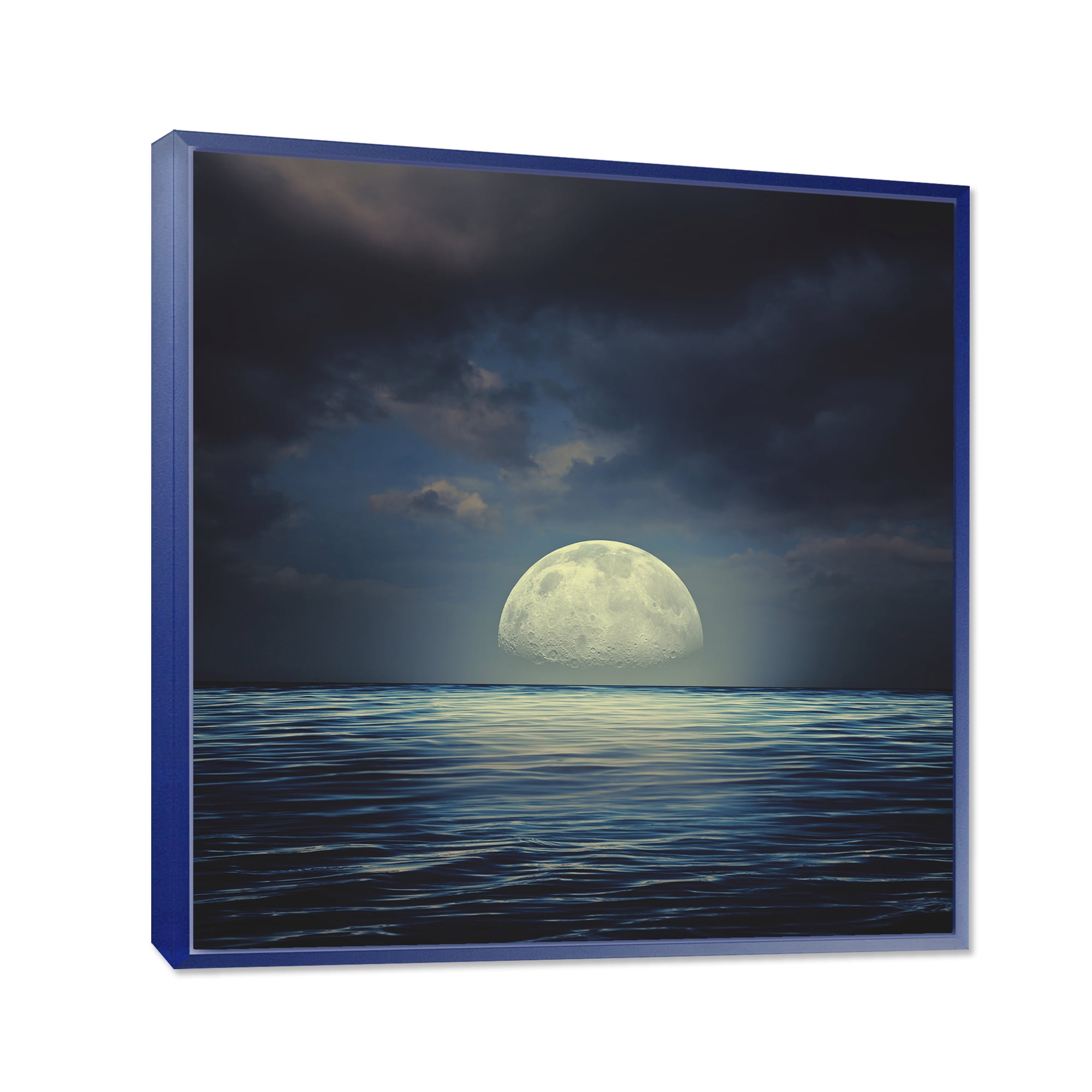 Designart 'Super Moon Over The Blue Sea' Nautical & Coastal Framed Canvas Wall Art Print