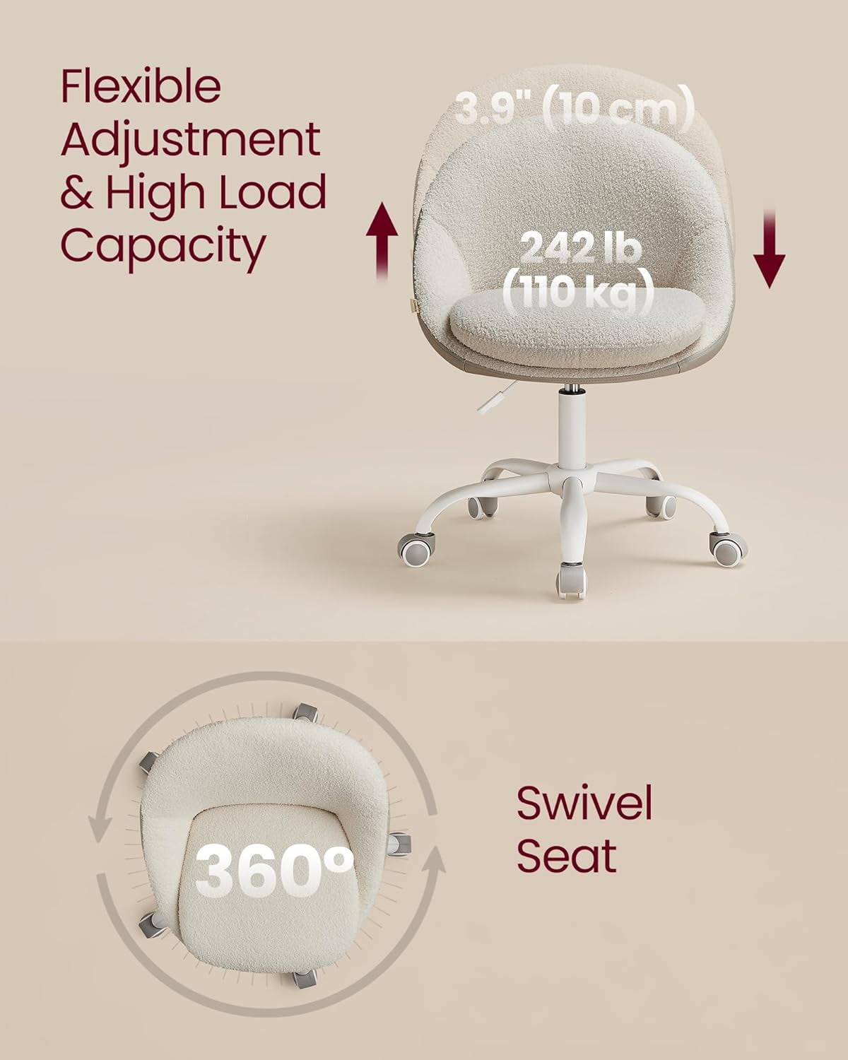VASAGLE Office Chair, Vanity Chair, Desk Chair, Sherpa and Synthetic Leather, Foam Padding, Adjustable Height, for Home Office, Study, Bedroom