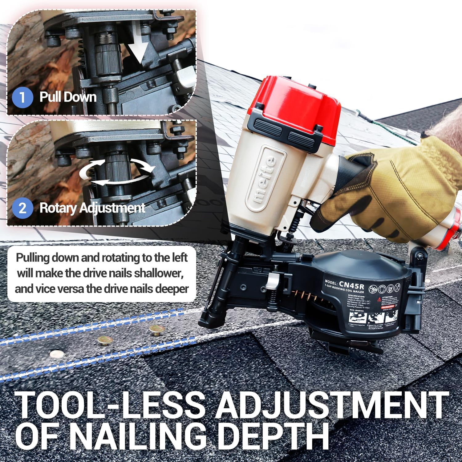 MEITE CN45R Pneumatic Coil Roofing Nailer CN45R 15 Degree 7/8" to 1-3/4" Length Coil Roofing Nail Gun Pistolas