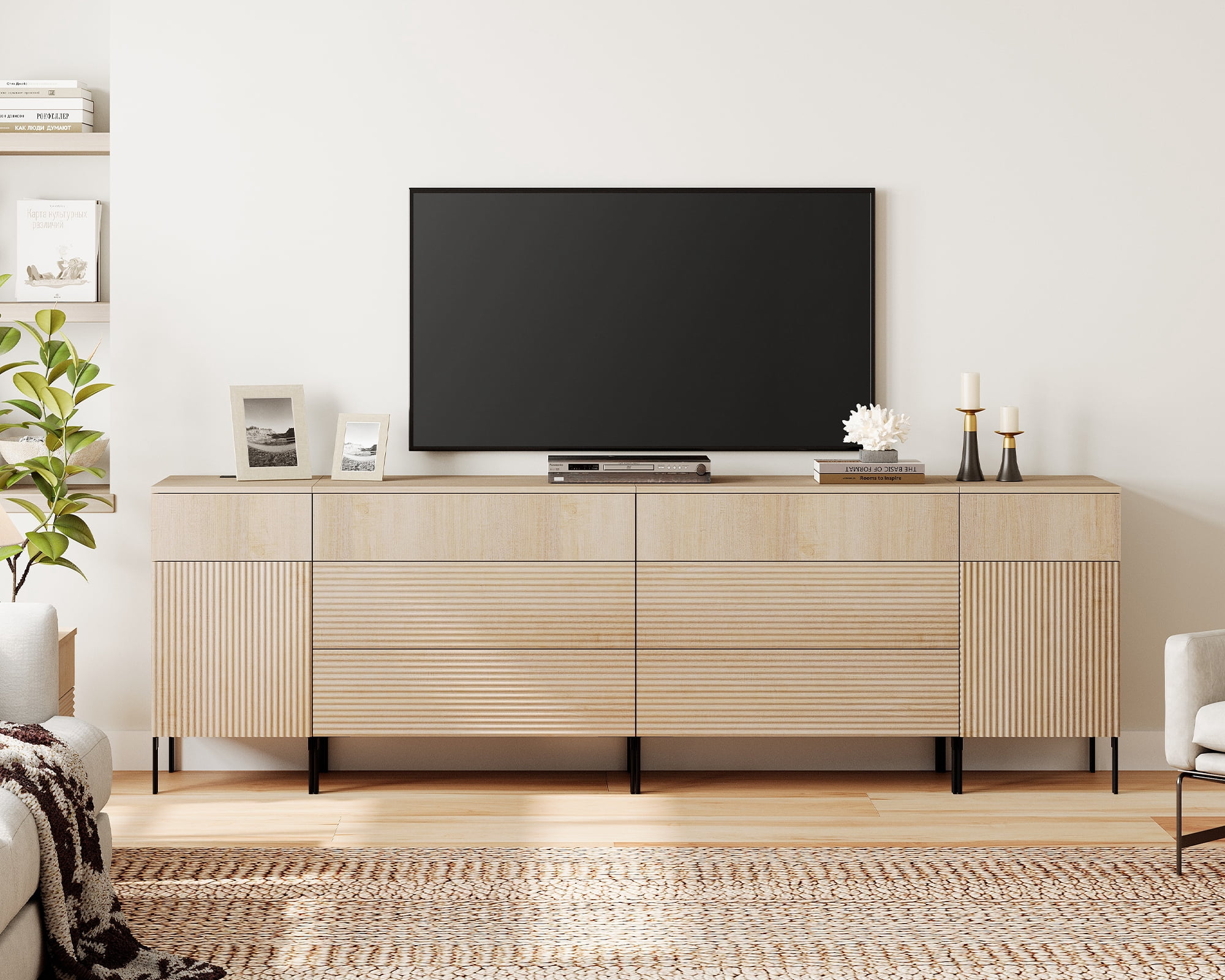 WAMPAT 94.5" TV Stand for TVs up to 100 Inch with Charging Station, Fluted Wood Media Console with 8 Drawers and 2 Door Cabinets, Push-to-Open Entertainment Center