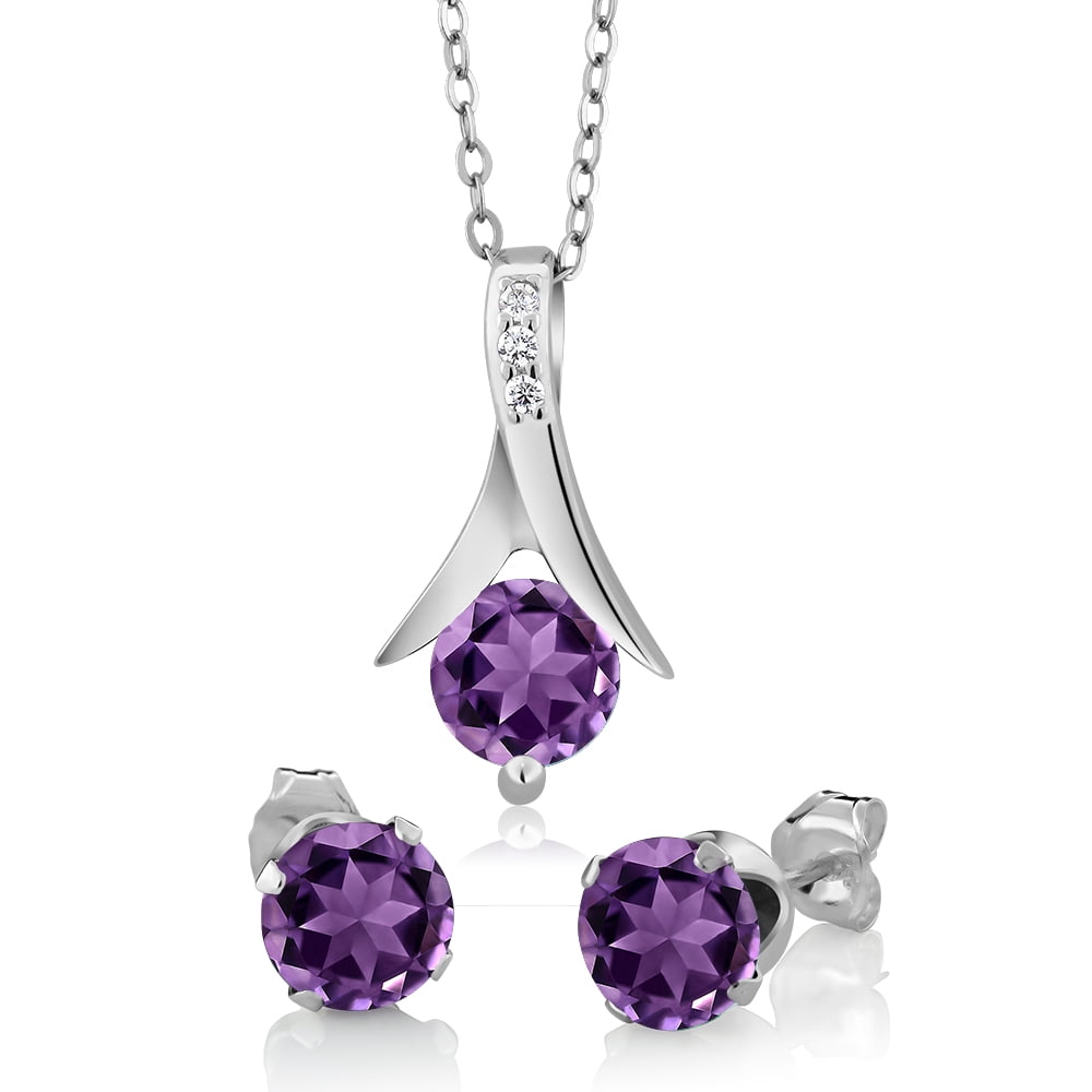 2.25 Ct Round Purple Amethyst & Diamond Silver Pendant & Earrings Set 18" Chain by