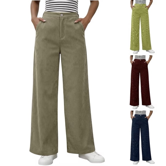 FRSASU Corduroy Pants for Women Casual High Waisted Button Stretchy Loose Fit Wide Leg Pants with Pockets Yellow
