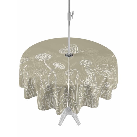 Outdoor Tablecloth with Umbrella Hole for Patio/Picnic/Party/Camping, Green Brown Wildflowers Waterproof Table Cloth Round Cover Washable, Modern Floral Butterfly Plant (Dia 60")