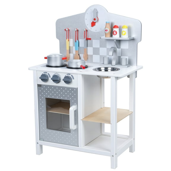 Dbuoem Kitchen Play Set,Wooden Kitchen Playset with Sink Oven,Toddler Cooking Set Pretend Play Toy for Ages 18 Month  (Grey)