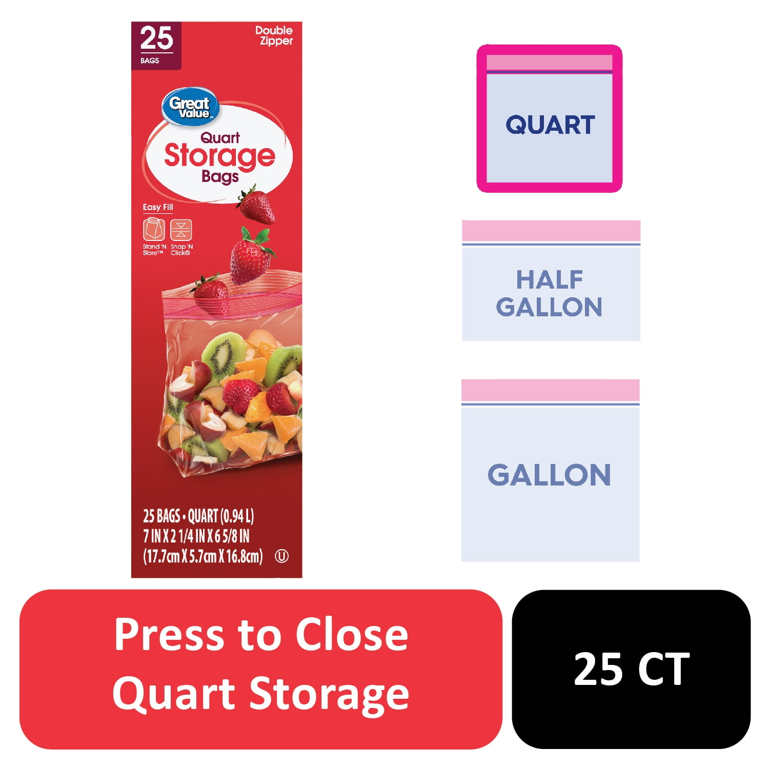 (3 pack) Great Value Fresh Seal Quart Storage Double Zipper Bags, 25 Count