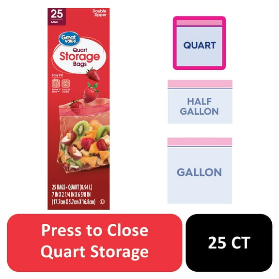 Great Value Fresh Seal Quart Storage Double Zipper Bags, 25 Count