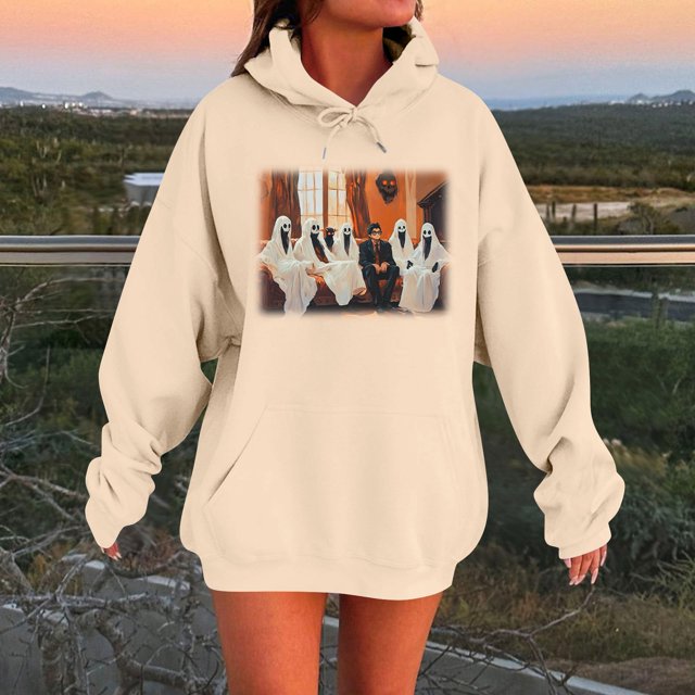 Chandail à Capuche Imprimé Squelette Réaliste Joyeux Halloween, Chandail Graphique à Manches Longues avec Poche, Mode Urbaine Décontracté Surdimensionné pour l'Automne, Haut Confortable Grande Taille Beige G