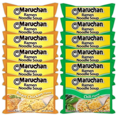 Maruchan Ramen Instant Noodle Soup Variety 2 Flavors – 6 Packs Roast Chicken & 6 Packs Chili 3 Ounce Single Servings Lunch / Dinner Variety