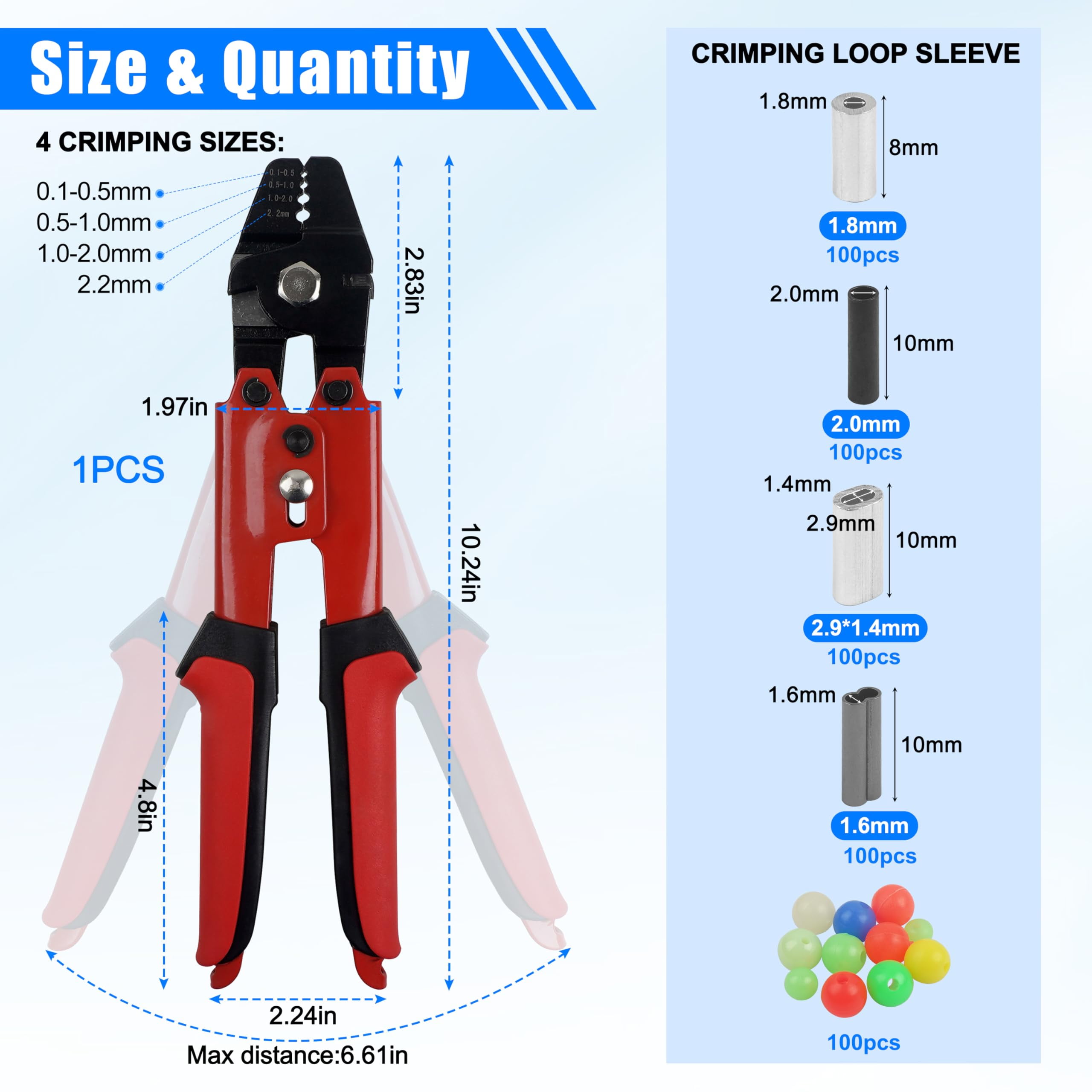 Wire Rope Crimping Tool with Cutter + 500pcs Crimp Sleeves Set Effort-Saving Fishing Crimping Pliers Stainless Steel Fishing Wire Crimper Tool, 4 Size Crimp Sleeves Fishing Tackle Pliers