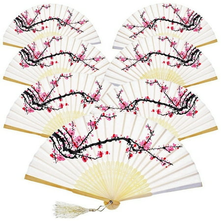 

12 Pieces Hand Fans Silk Bamboo Folding Fans Flower Printed Fans Handheld Folded Dance Fans for Wedding Gift Party