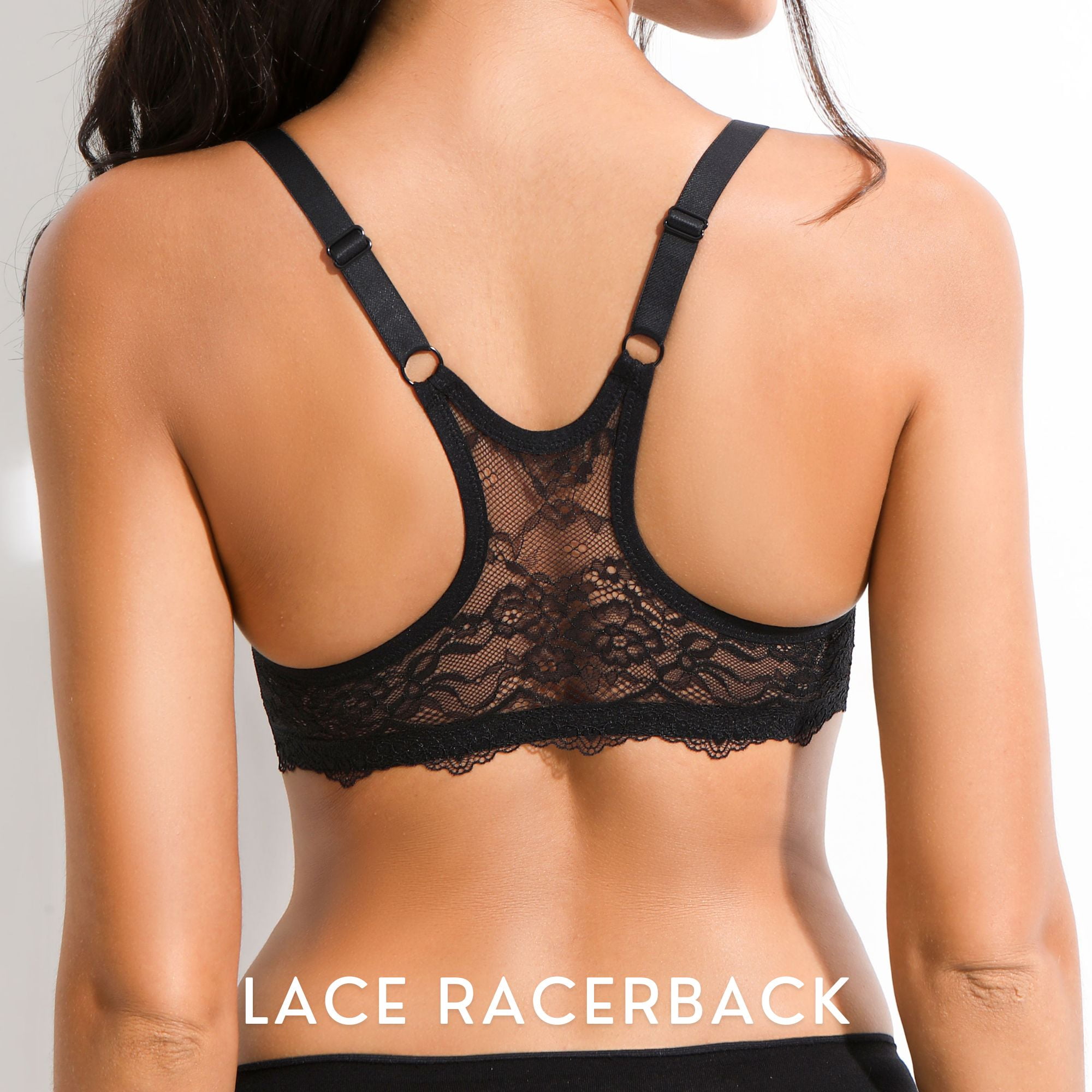 YANDW Push Up Front Closure Plunge Bras for Women Thick Padded Lace Racerback Underwire Bra, Black 36D