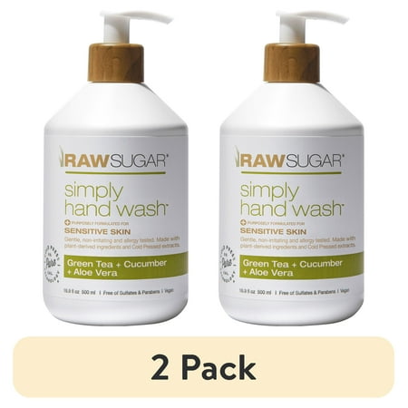 (2 pack) Raw Sugar Simply Hand Wash for Sensitive Skin, Green Tea + Cucumber + Aloe Vera Hand Soap, 16.9 fl oz