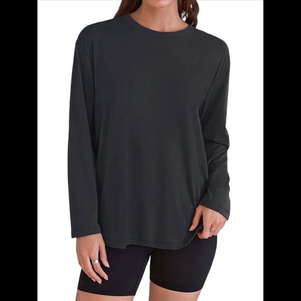 Camisetas de Larga Extragrandes para Mujer 2025, Camisetas Básicas de Cuello Redondo, Tops de Otoño, Ropa Informal de Entrenamiento Y2K Negro L