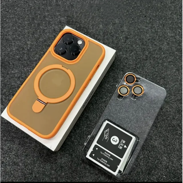 Metal Ring Stand Matte Magnetic Case for Magsafe IPhone 15 14 13 12 16 Pro Max Plus 15Pro i15 with Lens Protector Mac Safe Cover orange For iPhone 13Pro Max