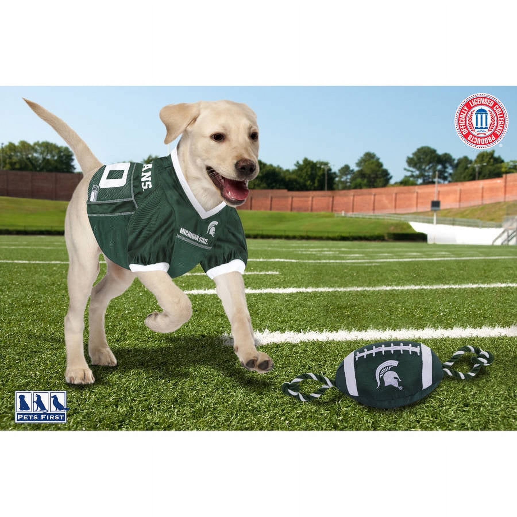 Pets First NCAA Michigan State Spartans Strong, Durable, Chewable Football Dog Toy with Inner Squeaker and Side Ropes, Officialy Licensed