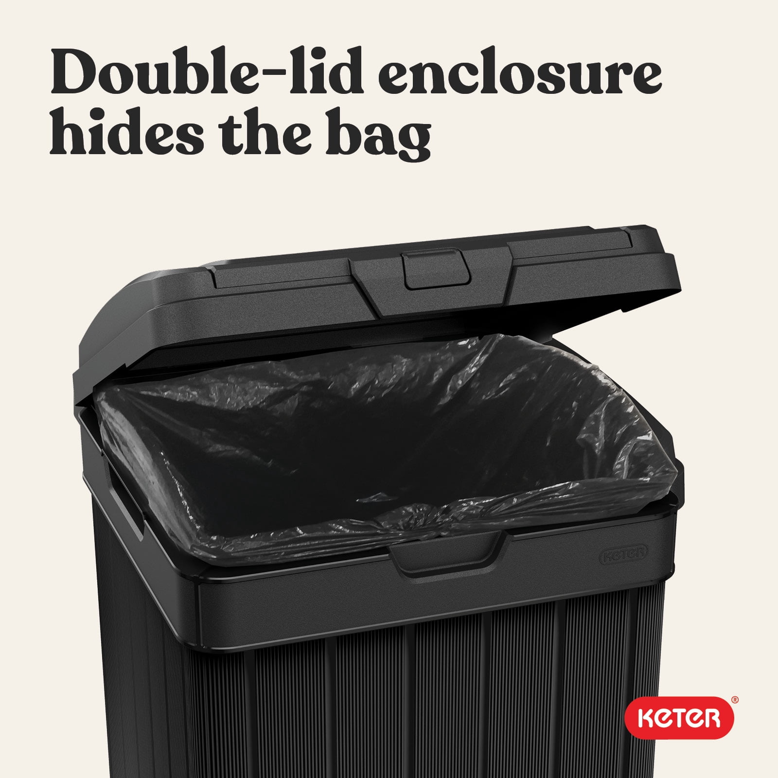 Keter Baltimore 38 Gallon Resin Outdoor Kitchen Trash Can Duotech Garbage Can, Black Woodlook