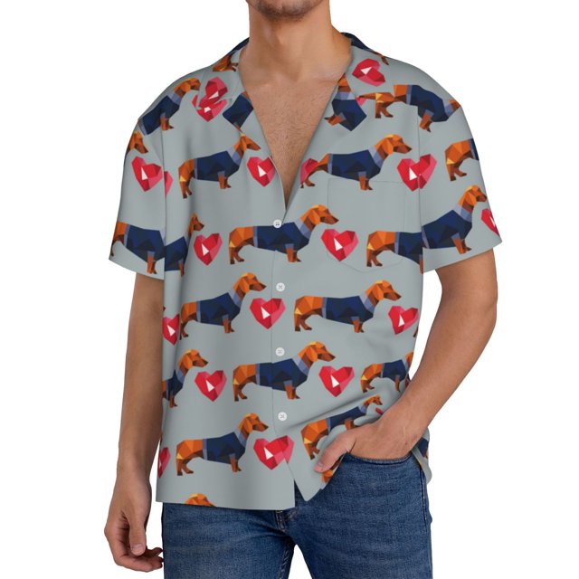 Fotbe Dachshund Dog Heart Camisa Estampada de Manga Corta para Hombre, Casual de Verano, Estilo Playero, Sin Arrugas-XX-Large