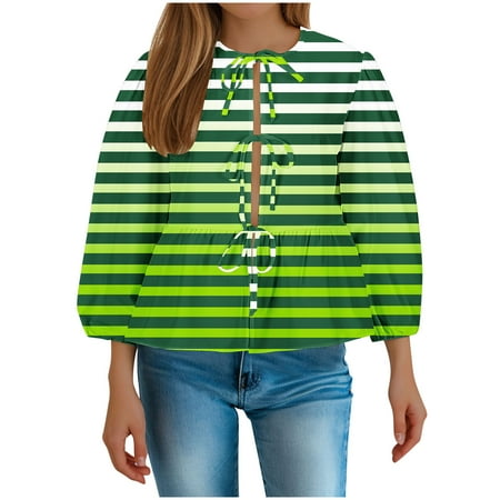 BUIgtTklOP no boundaries Womens Tie Bow Front Peplum Tops Babydoll Long Sleeve Summer Stripe Ruffle Blouse Lace Up Plus Size Shirts