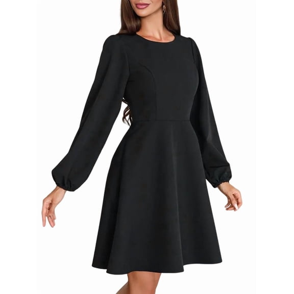 Women's Puff Sleeve Work Dresses Spring Long High Waist Line Short Dress for Casual Business Black S