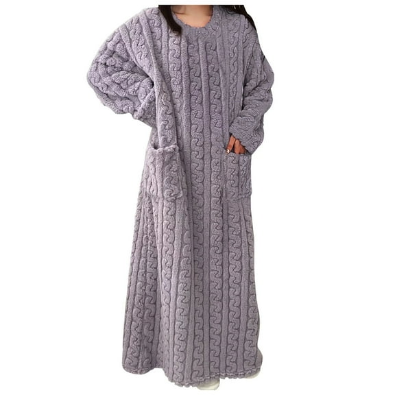 felwors Women's Winter Flannel Nightgown - Fleece Loungewear, Round Neck Pullover, Warm & Comfortable Pajamas Purple, M