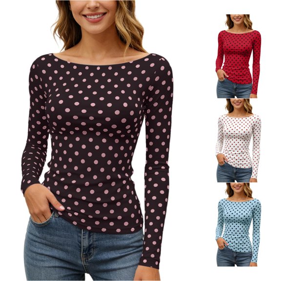 Gyujnb Womens Polka Dot Long Sleeve T‑Shirt, Off‑Shoulder Slim Fit Fitted Blouse, Casual Dressy Tops for Daily Layering & Street Outfits,Brown
