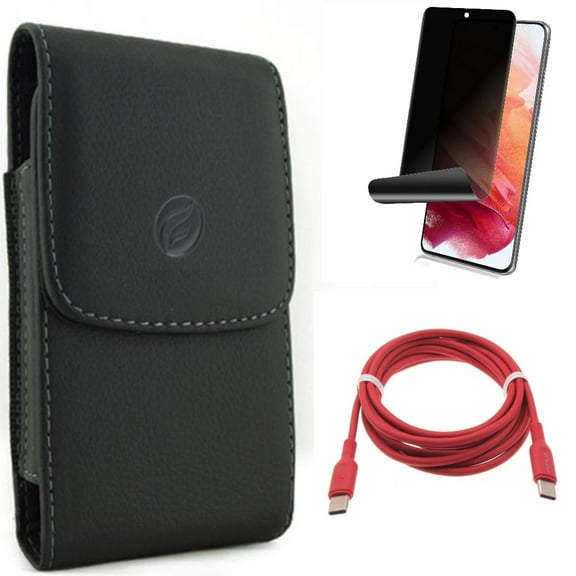 Privacy Screen Protector w Red 6ft Long Cable w Case Belt Clip for Samsung Galaxy S21 Plus - TPU Film Fingerprint Works, USB-C to Type-C PD Fast Charger, Leather Holster Accessory Bundle