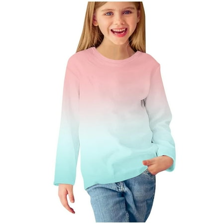 MeetoTime Girls Long Sleeve Shirts Gradient Color Crewneck Casual Loose Dressy Blouses Children s Pullover Undershirt 3-14 Years