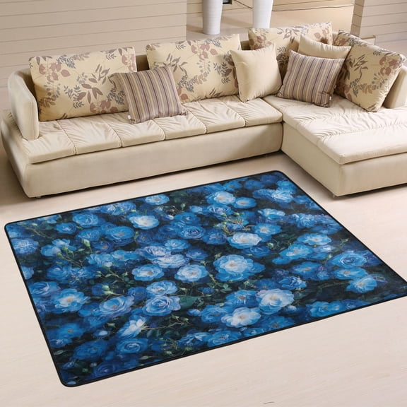 WOBOGO Blue Rose Carpet Non-Slip Rugs Soft Doormat 36×24in Living Dining Room Bedroom Decorative
