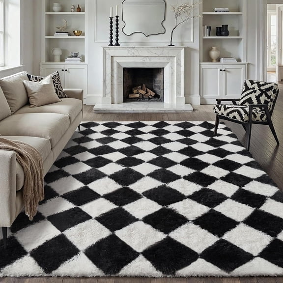 Checkered Rug 8x10 Living Room Black White Modern Shag Rug Washable Large Area Rug Soft Fluffy Indoor Carpet Fuzzy Vacuumable Rugs for Bedroom Home Decor Non Slip