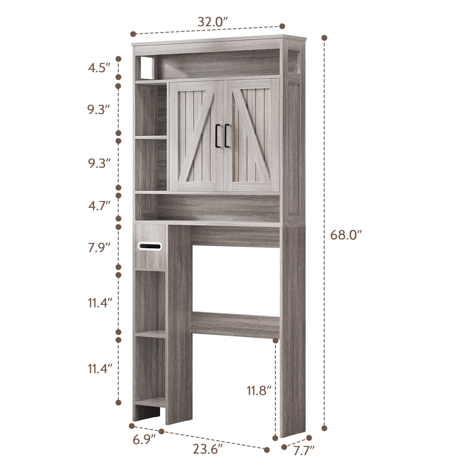 Vividwood Farmhouse Over-the-Toilet Cabinet with Soft Close Doors, Gray Wood
