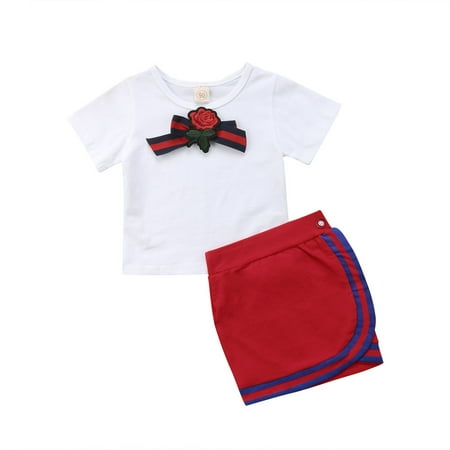 

Uniform Dress Kids Baby Girls Summer Clothes Set 0-7Years Flower Tie Tops T-shirt Mini Skirts Party School Dresses