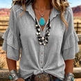thumbnail image 2 of Tops for Women 3/4 Sleeve Collared Women Solid Western Linen Cotton Button Down Tiered Ruffle Blouse, 2 of 7
