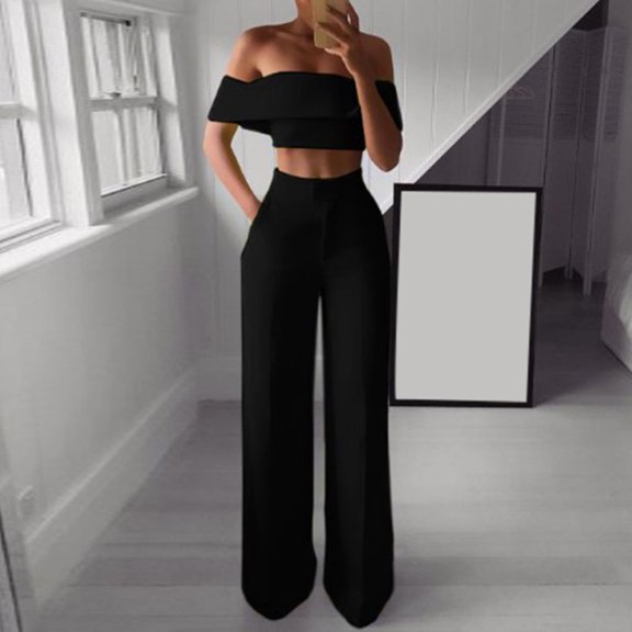 Linen Pants for Women,Clearance Women Fashion Solid Cold Shoulder Ruffle Shirt Button Zipper Wide Leg Pant Suit Cargo Pants Women