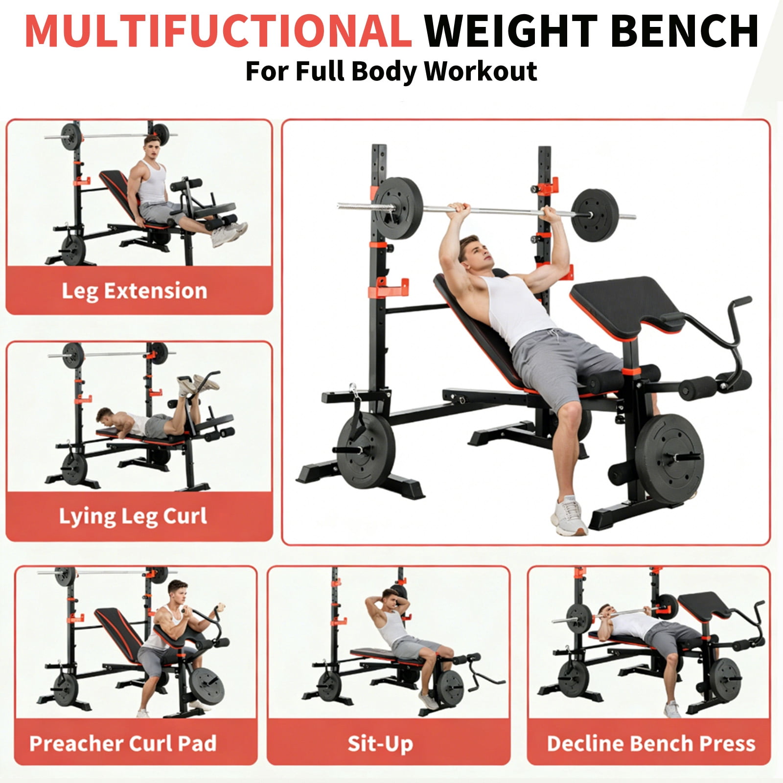 1500LBS Capacity 6 in 1 Olympic Weight Bench Set with Squat Rack & Leg Extension, Adjustable Foldable Workout Bench for Home Gym Full Body Strength Training