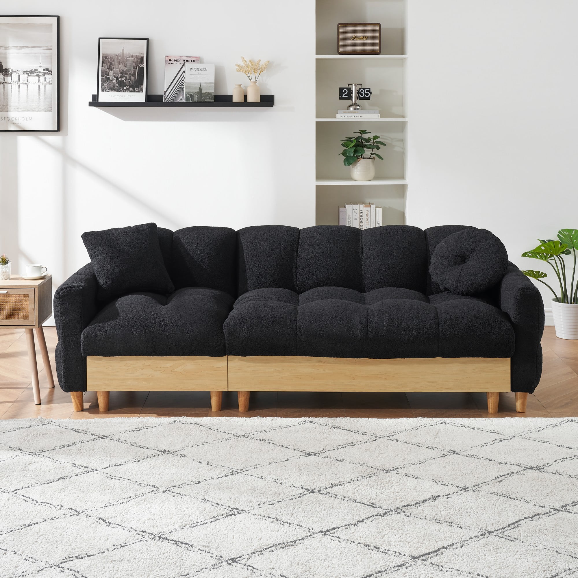 Overstuffed Sofa Couch,3 Seater Teddy Fleece Upholstered Convertible Sofa Couches with Drawer and Storage Seatbase,Adjustable Backrests and Pillows, Comfy Couch for Living Room,Black