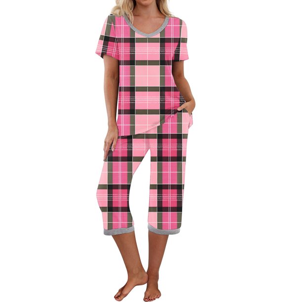 Puntoco Ropa de dormir para mujer Conjunto de pijama y pantalón de manga corta con cuello en V para mujer Pijama informal con bolsillos