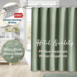 ComfiTime Fabric Shower Curtain With Hooks, 72x72, Green Embossed