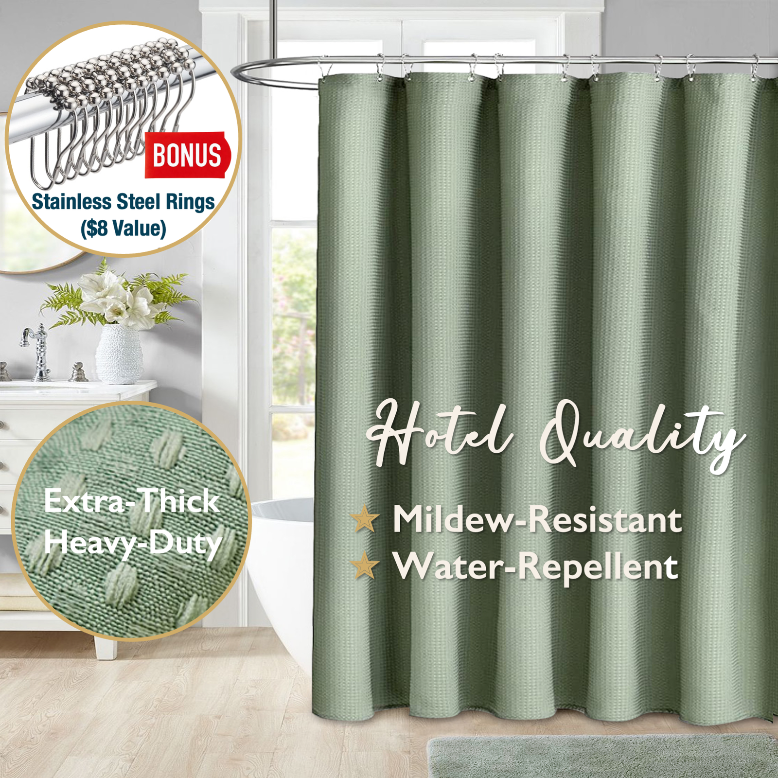 ComfiTime Fabric Shower Curtain With Hooks, 72x72, Green Embossed photo 1