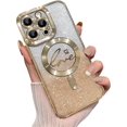 thumbnail image 2 of Magnetic Case for iPhone 15 Pro Max Case,Compatible with MagSafe,Luxury Glitter Plating Heart Camera Protection Shockproof Rubber Soft Protective Case for Women Girls (Gold), 2 of 10
