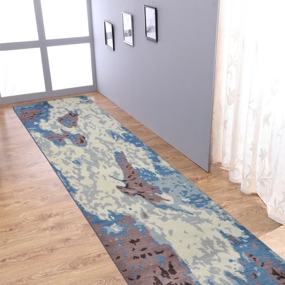 HAND KNOTTED WOOL ABSTRACT MODERN AREA RUGS - 2'6''x10', Runner Shape, Multicolor Color, Classic Traditional Design, Low Pile Handmade Area Rugs for Living Room, Bed Room (N00816)