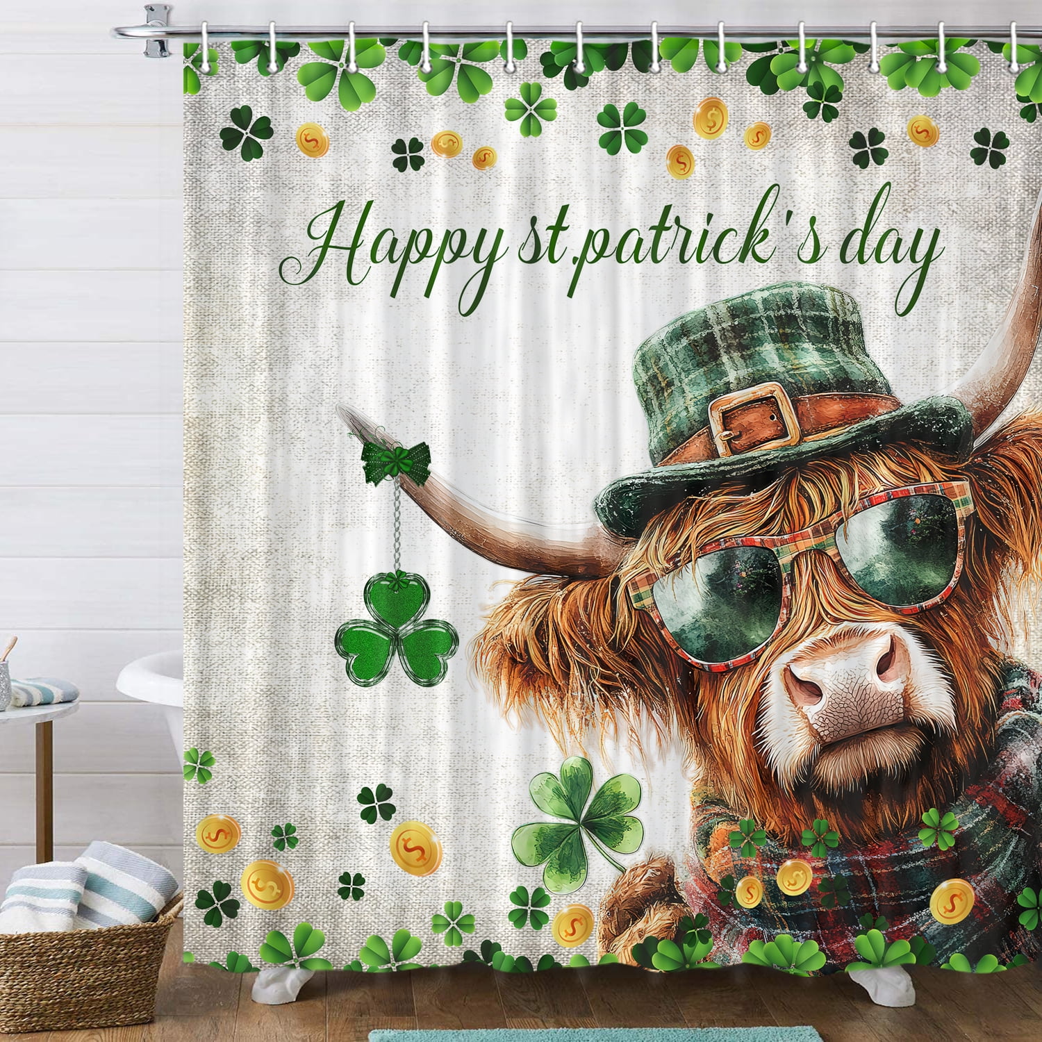 Highland Cow St. Patrick's Day Shower Curtain, Funny Farm Animals on Wooden Board Spring Farmhouse Shower Curtain Sets, Polyester Green Clover Shamrock Leaves Bathroom Accessories with Hooks, 48X70in