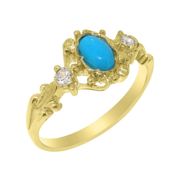 LBG British Made 14k Yellow Gold Natural Turquoise & Diamond Womens Anniversary Ring - 33 size options - Size 10