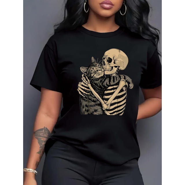 Women's Casual Crew Neck T-Shirt with Unique Cat & Skeleton Hug Design - Soft Polyester, Short Sleeve, Perfect for Spring & Summer, Locked In A Hug, Print