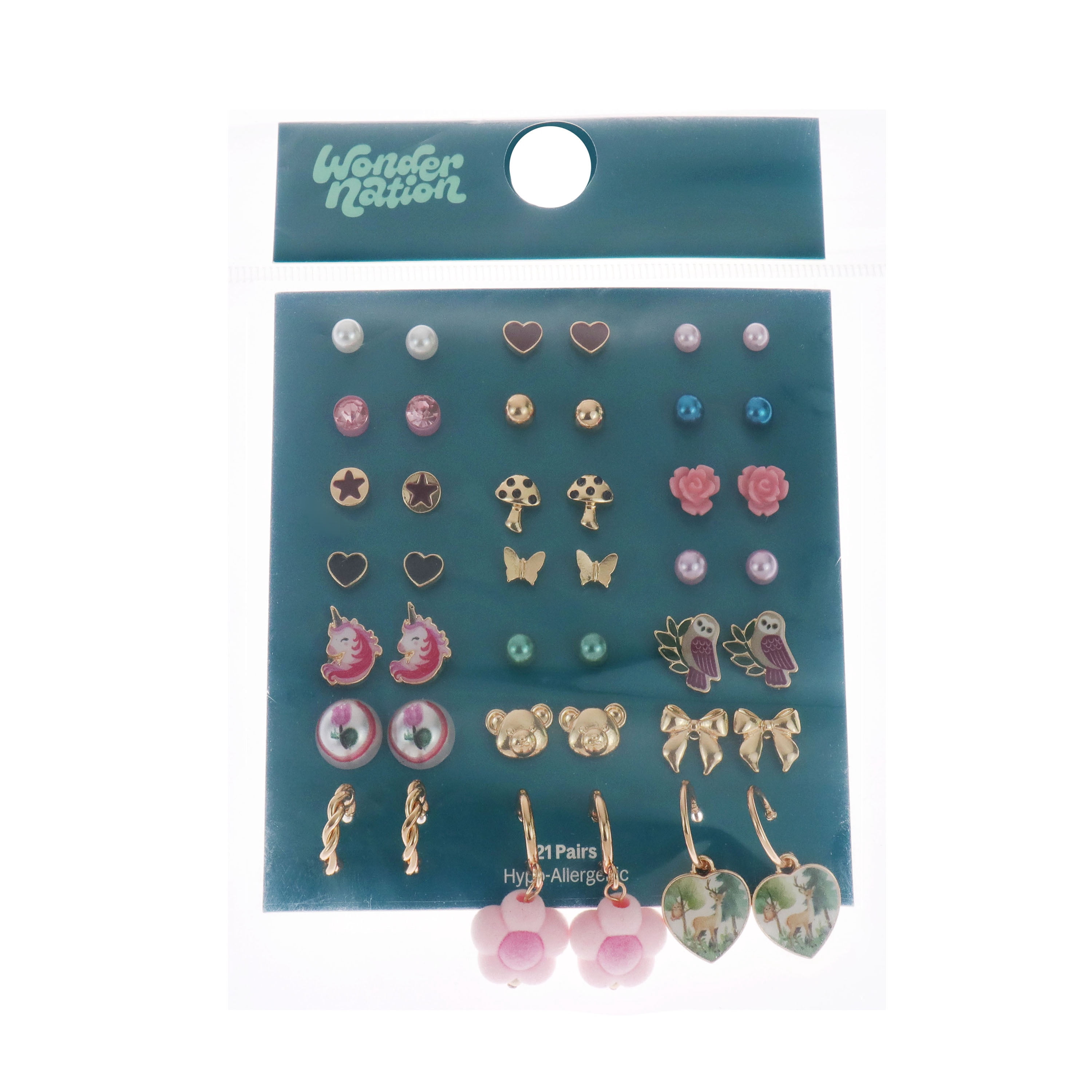Wonder Nation 21 Pack Earring Set with Whimsical Icon Studs (Girl's)