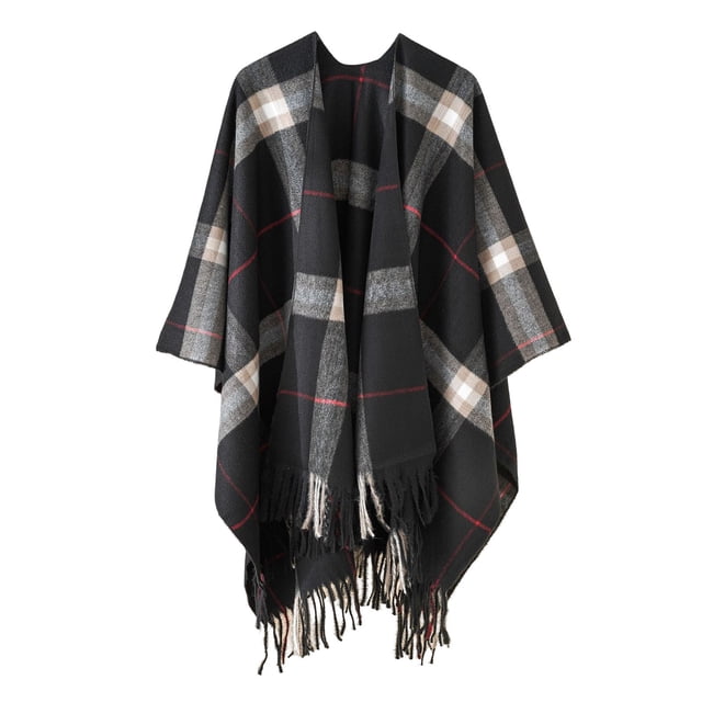 Women's Fashion Stripe Color Block Cloak Shawl Cardigan Warm Windproof Wrap for Autumn Spring Winter