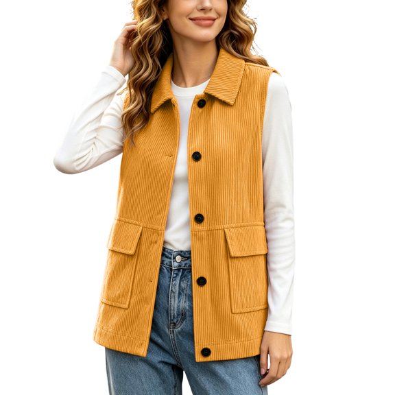 NominalSnug Women Corduroy Sleeveless Vest Collared Button Down Casual Outerwear With Flap Pockets